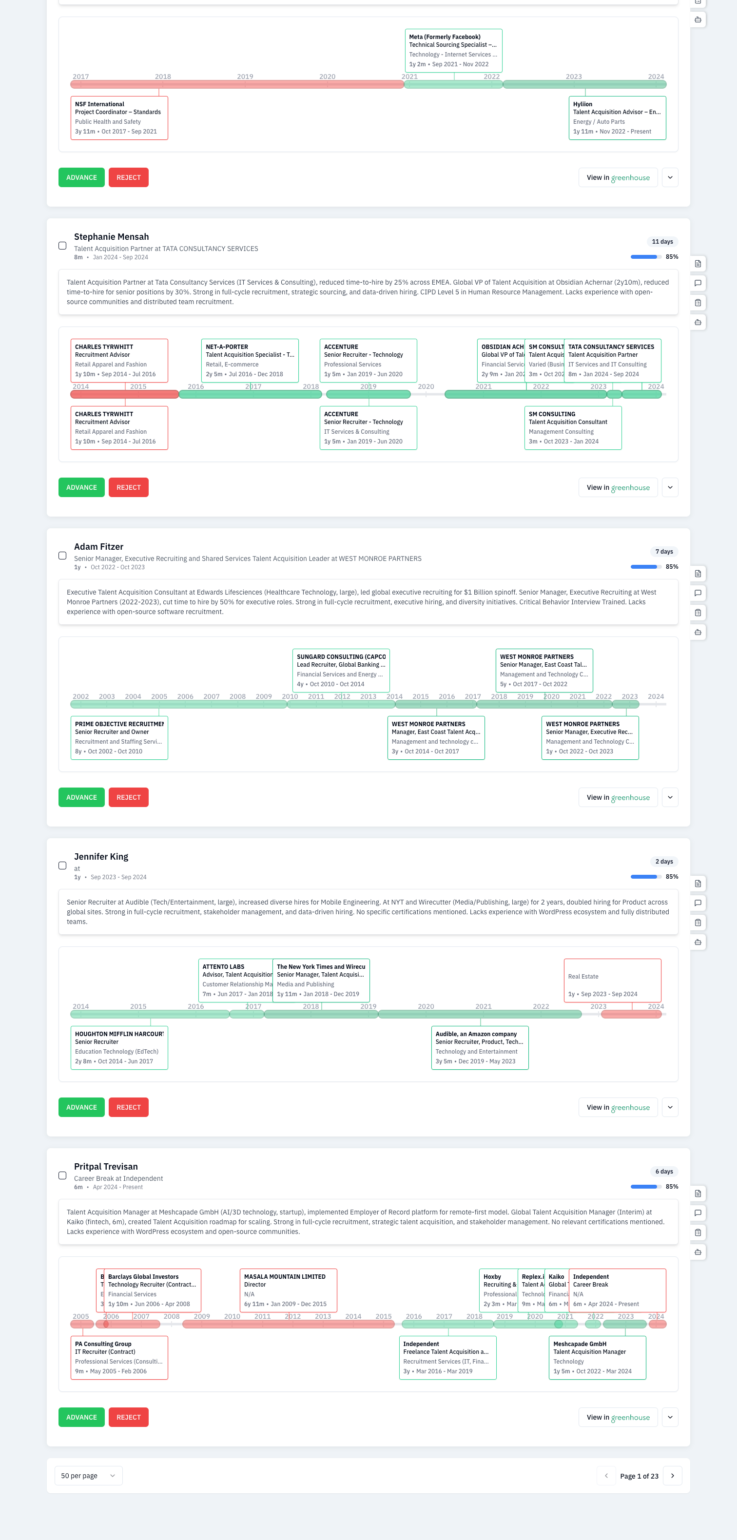 Opereta's applicant screening interface showing the streamlined review process