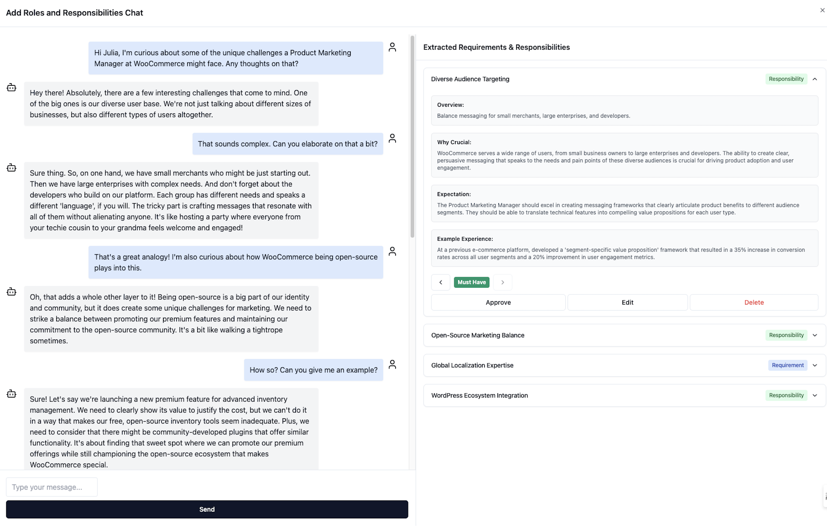 Opereta's intelligent role context capture interface showing a natural conversation with hiring teams