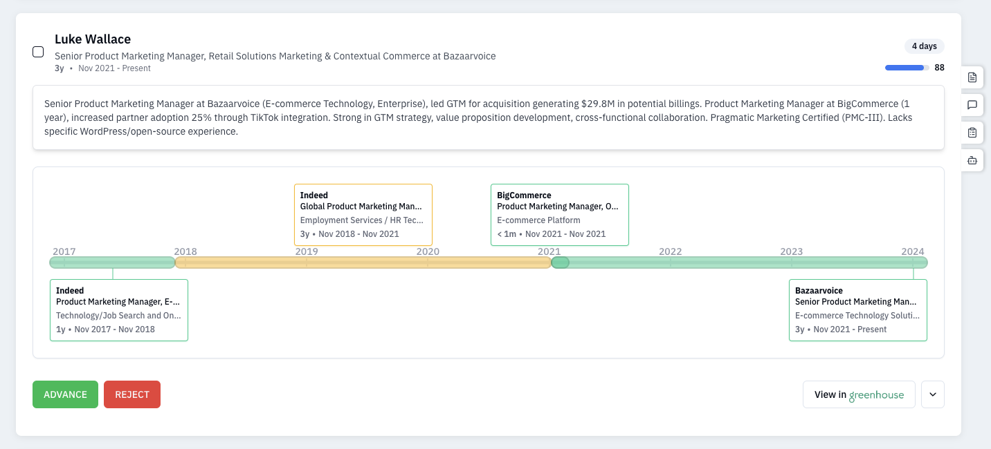 Interactive career timeline showing a candidate's professional progression